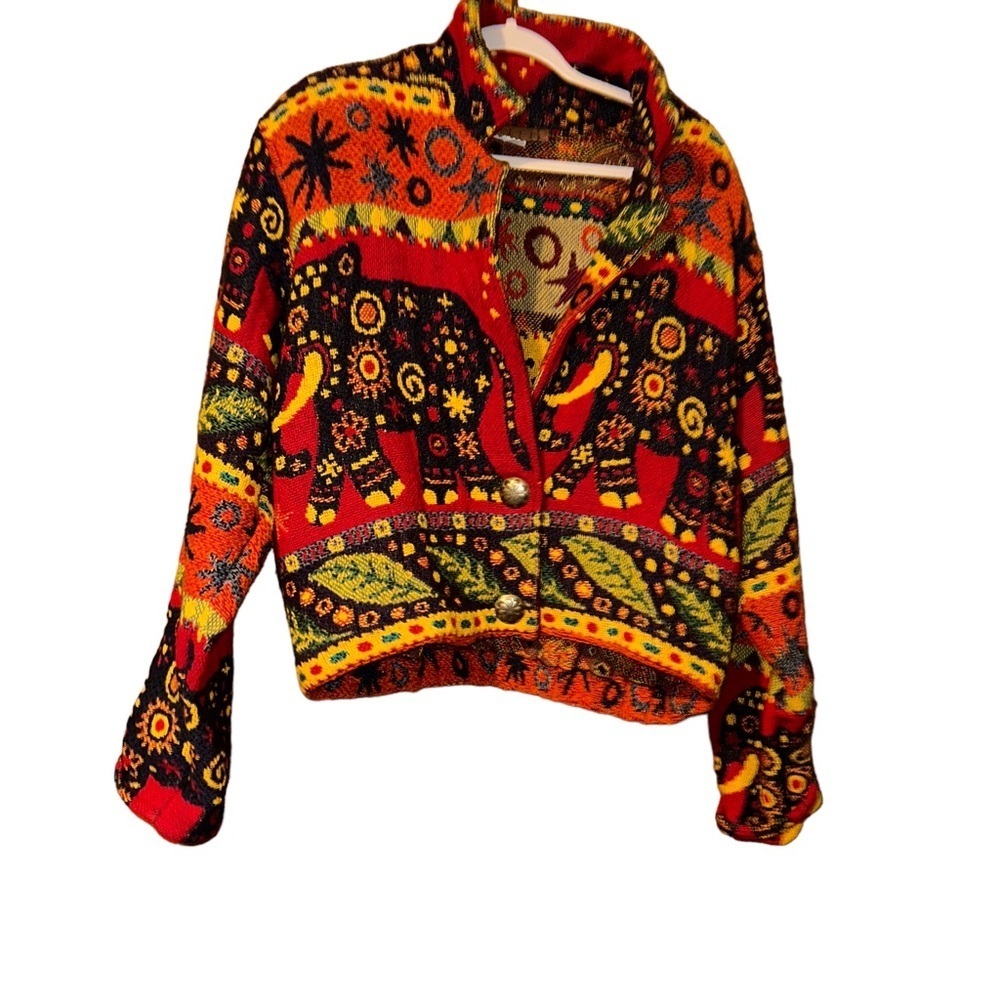 Painted Pony Tapestry Thick Jacket elephants multicolor silver buttons One Size